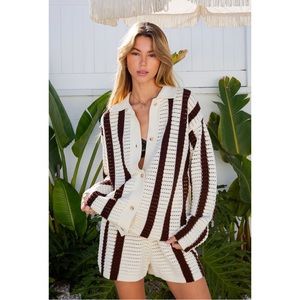 Striped Crochet Button-Up Jumpsuit Romper - Cream & Brown
